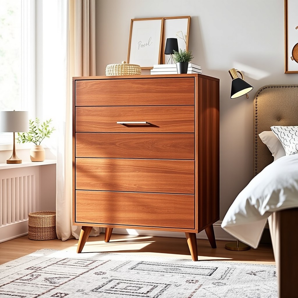 A beautifully designed modern chest of drawers, made with high-quality wood and featuring five spacious drawers