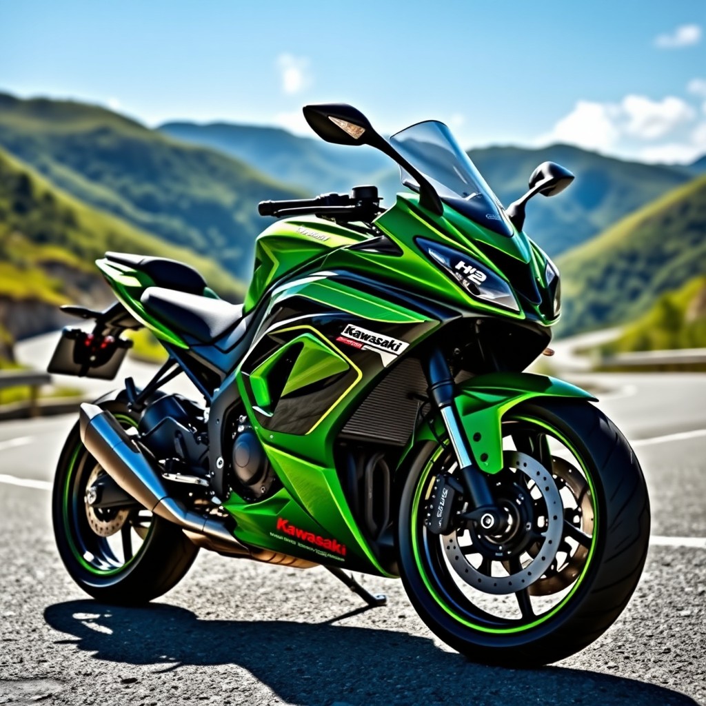 A stunning Kawasaki Ninja H2 sports motorcycle parked on a scenic winding mountain road, showcasing its sleek aerodynamic design with a glossy green and black paint job that shines under the sunlight