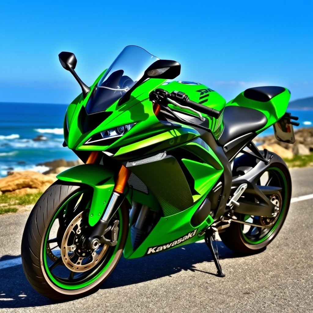 A captivating image of a Kawasaki Ninja H2 in striking green, parked on a picturesque coastal road