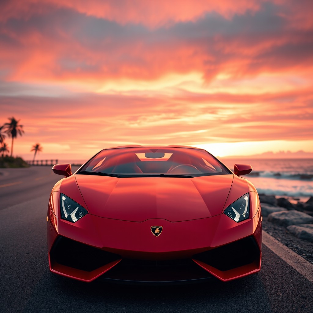 A stunning red Lamborghini parked on a scenic coastal road during sunset, with a vibrant sky painted in hues of orange and pink