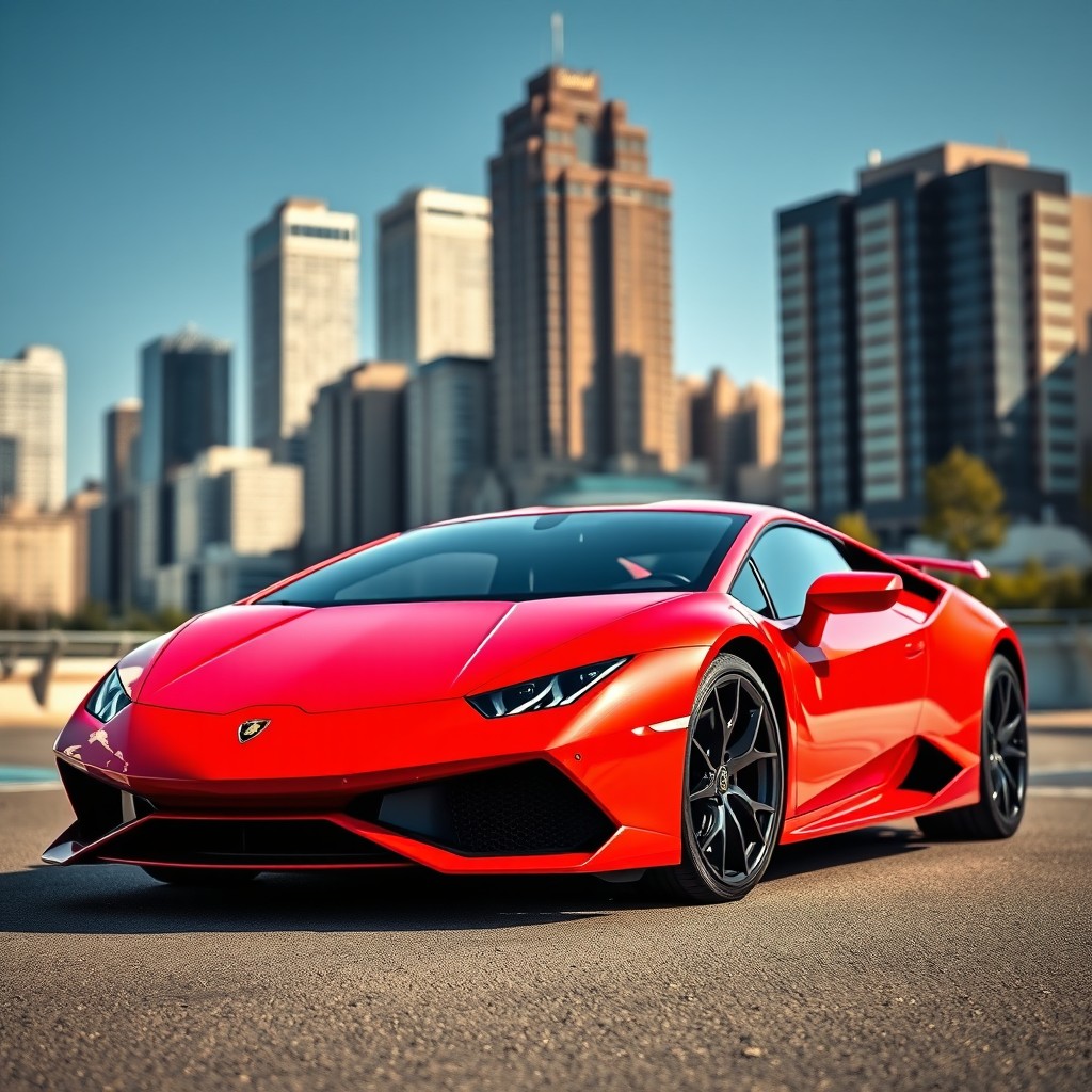 A stunning red Lamborghini parked in an urban setting, showcasing its sleek and aerodynamic design with glossy finishes