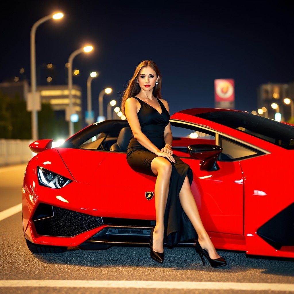 A beautiful woman dressed in a sleek black dress, elegantly driving a vibrant red Lamborghini at night