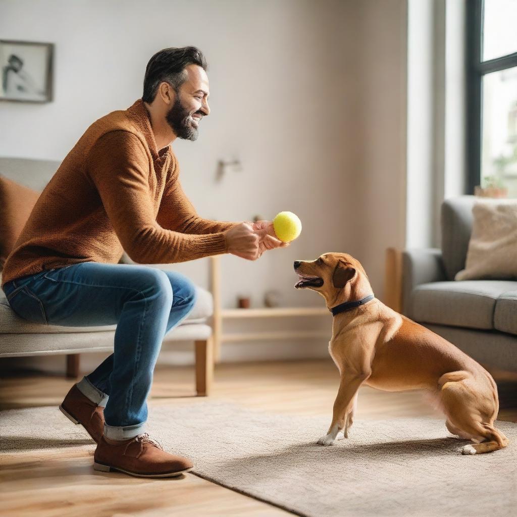 A happy man playing fetch with his lively dog in a cozy, well-lit living room.