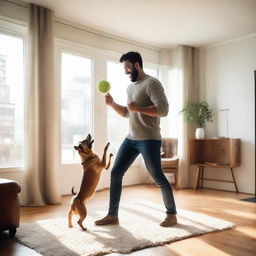 A happy man playing fetch with his lively dog in a cozy, well-lit living room.