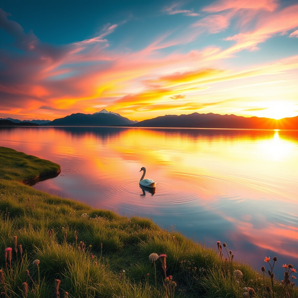 A serene landscape at sunset featuring a calm lake reflecting the vibrant colors of the sky