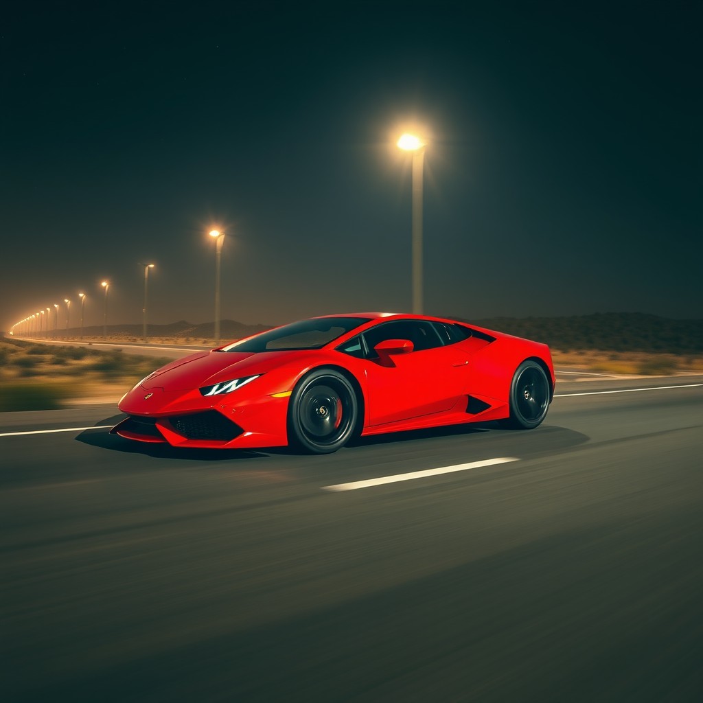 A striking red Lamborghini cruising on an empty road at night, the sleek curves of the car gleaming under the moonlight