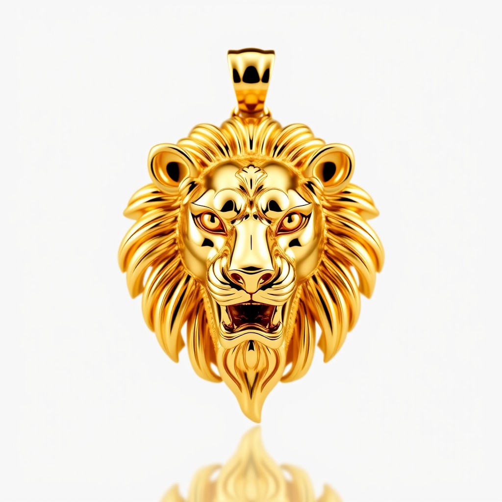 A stunning, intricately designed lion face jewellery pendant in a luxurious golden color, showcasing high-quality detailing that highlights the majesty and power of the lion
