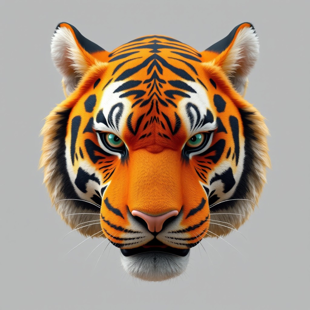 A highly detailed 3D model of a tiger's face, showcasing its fierce expression and the intricate patterns of its fur
