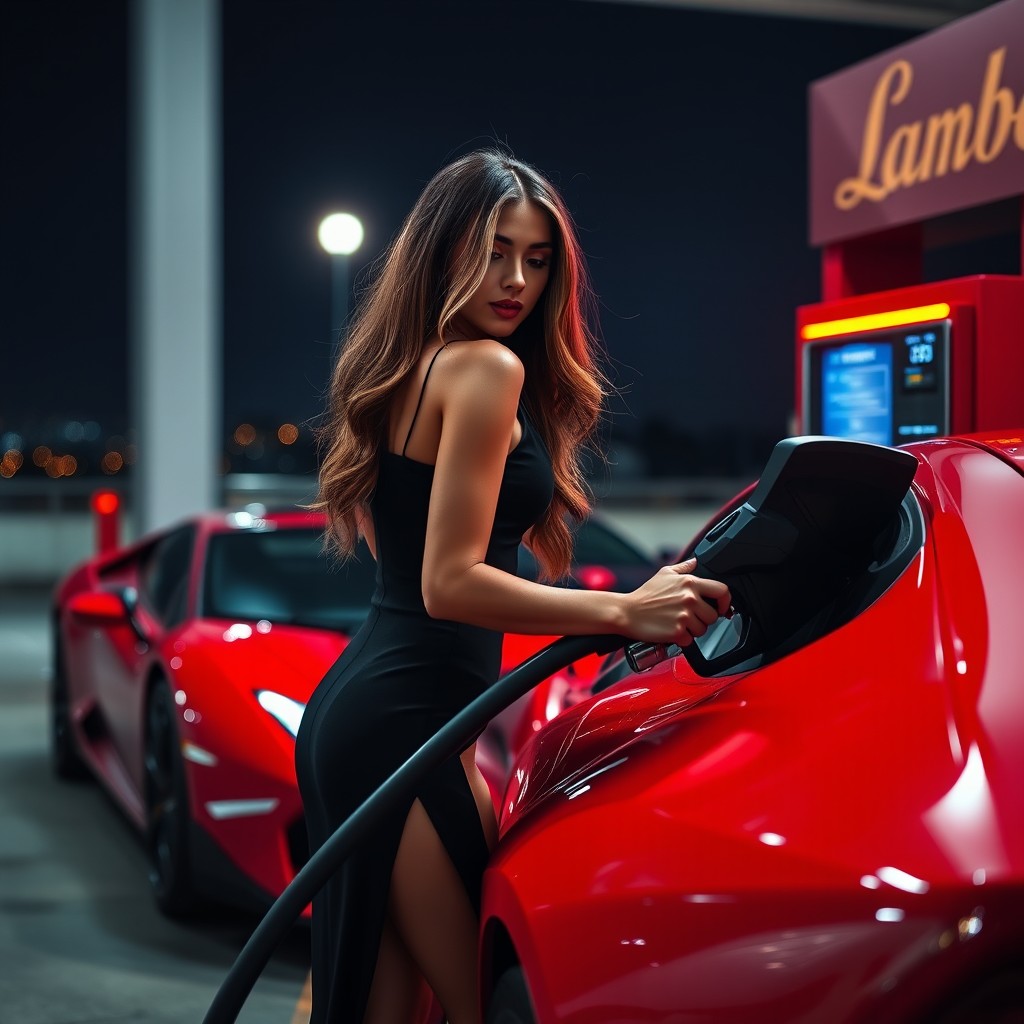 A beautiful woman dressed in a black dress fueling a red Lamborghini at night in a gas station