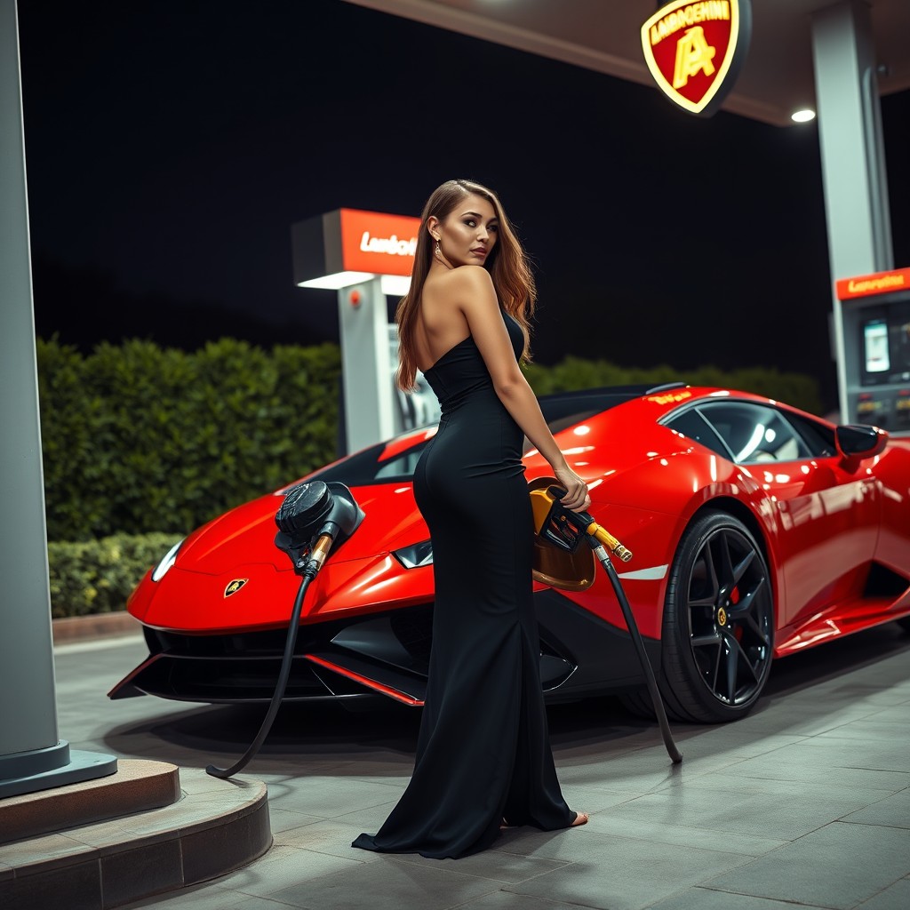 A beautiful woman dressed in a stunning black dress filling up her car with gas at a gas station, positioned behind a sleek red Lamborghini