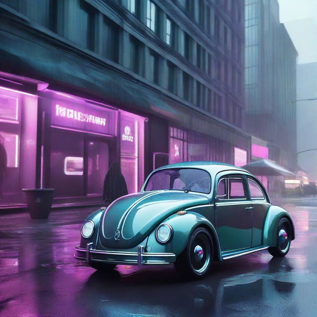 Revolutionary concept of a futuristic Volkswagen Beetle showcased in a glass display within a rainy, dystopian, cyberpunk streetscape.