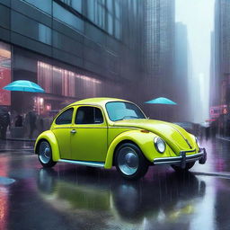 Revolutionary concept of a futuristic Volkswagen Beetle showcased in a glass display within a rainy, dystopian, cyberpunk streetscape.