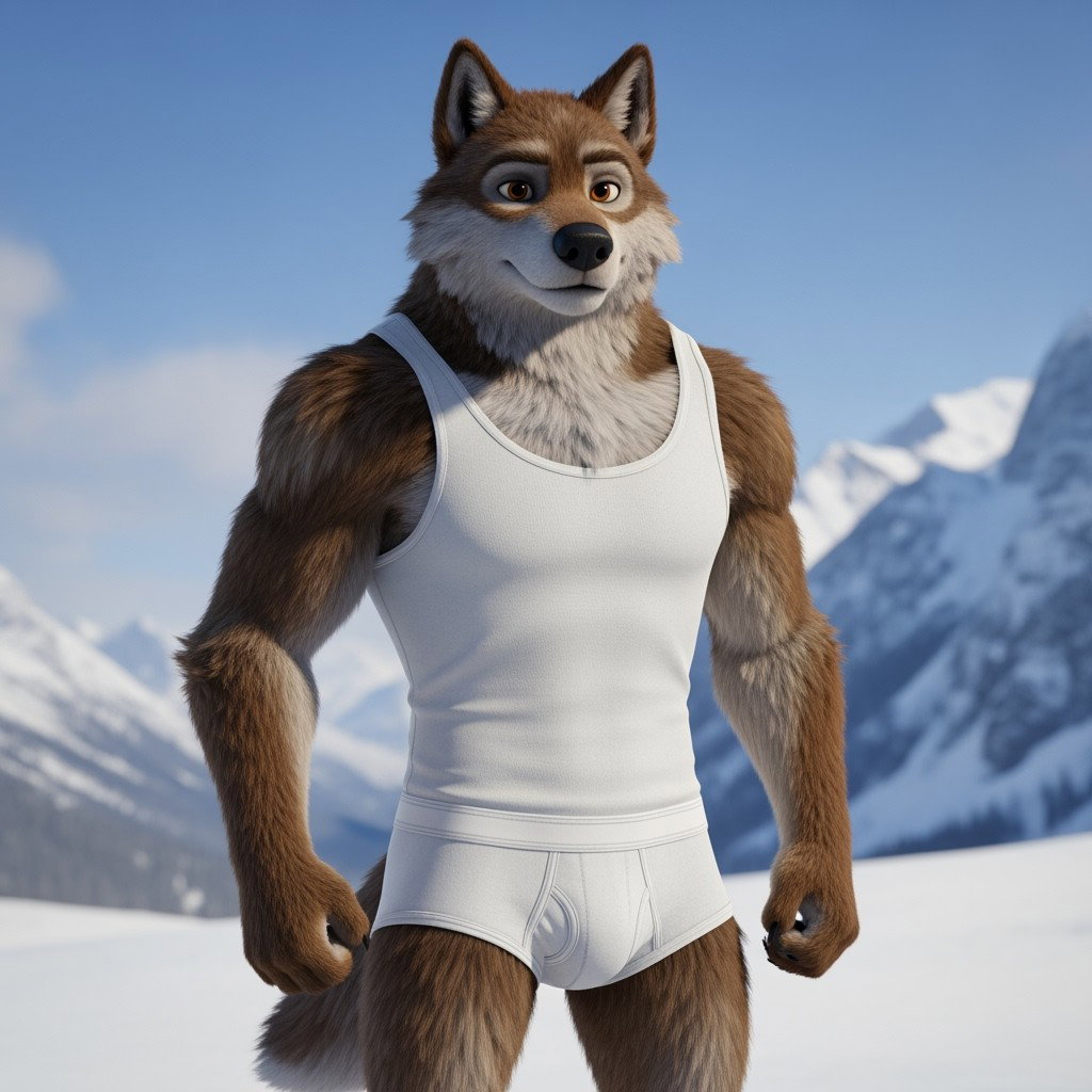 Balto, the wolfdog character, depicted with his thick, brown fur and striking features, wearing a snug white tank top and matching white underwear