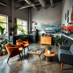 A hip and modern waiting room for a mechanic shop, featuring stylish furniture such as mid-century modern chairs, a trendy coffee table with magazines about cars and lifestyle, potted indoor plants adding a green touch, and a mural on the wall depicting classic cars