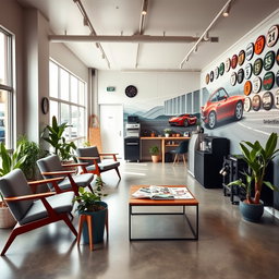 A hip and modern waiting room for a mechanic shop, featuring stylish furniture such as mid-century modern chairs, a trendy coffee table with magazines about cars and lifestyle, potted indoor plants adding a green touch, and a mural on the wall depicting classic cars