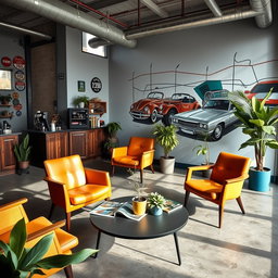 A hip and modern waiting room for a mechanic shop, featuring stylish furniture such as mid-century modern chairs, a trendy coffee table with magazines about cars and lifestyle, potted indoor plants adding a green touch, and a mural on the wall depicting classic cars