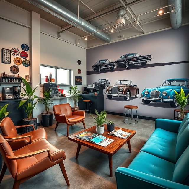 A hip and modern waiting room for a mechanic shop, featuring stylish furniture such as mid-century modern chairs, a trendy coffee table with magazines about cars and lifestyle, potted indoor plants adding a green touch, and a mural on the wall depicting classic cars