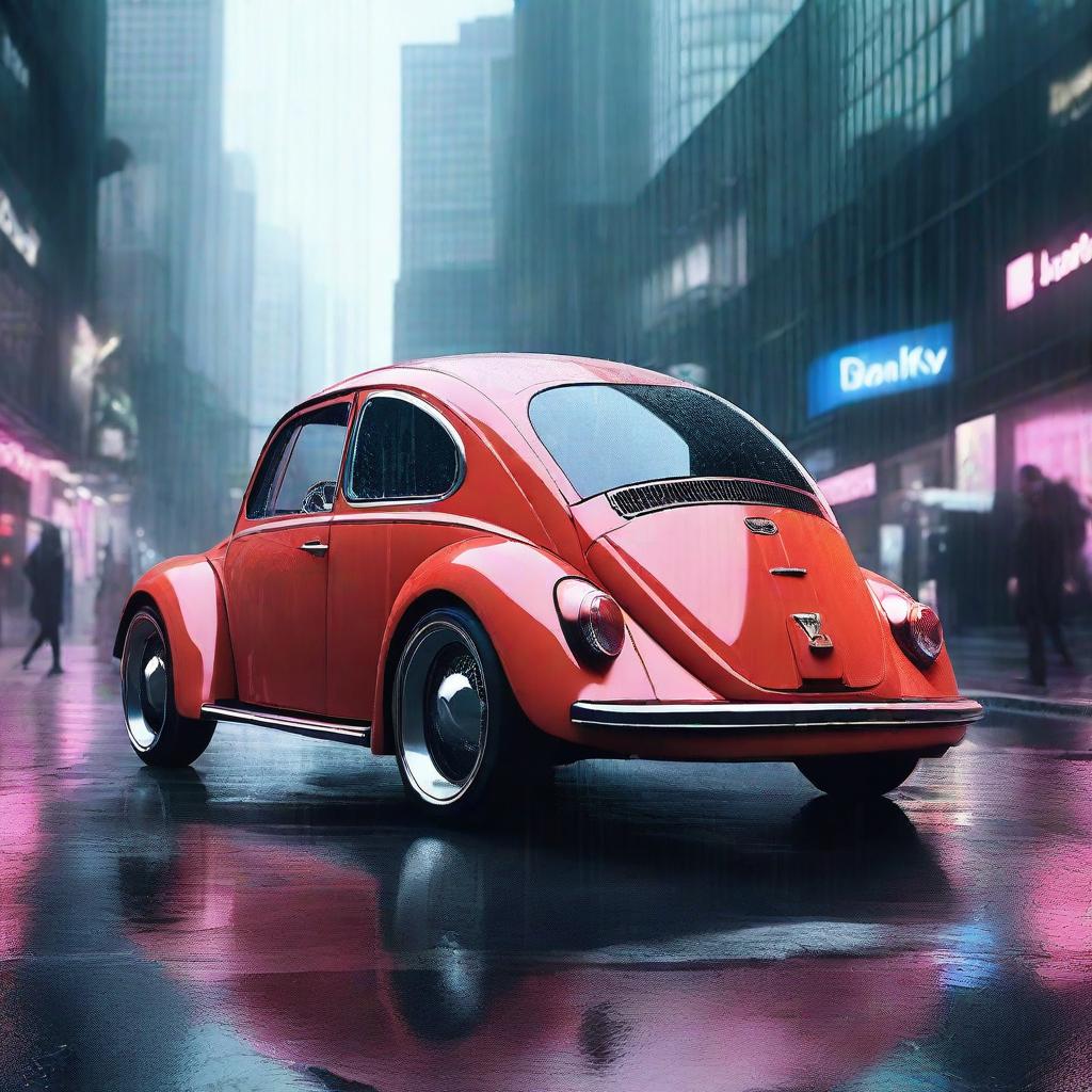 Revolutionary concept of a futuristic Volkswagen Beetle showcased in a glass display within a rainy, dystopian, cyberpunk streetscape.