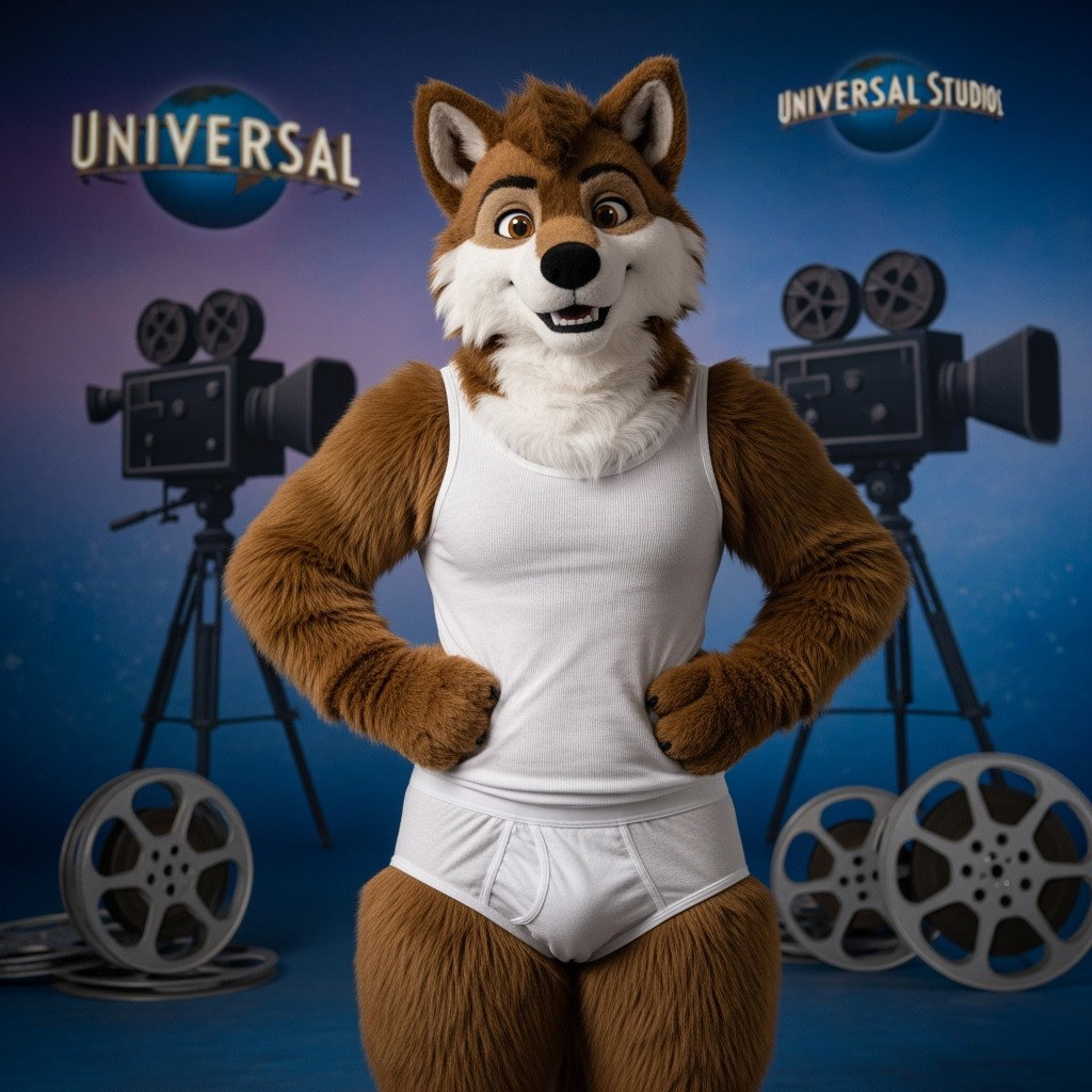 A furry representation of Balto the Wolfdog, characterized by his distinct brown fur and noble presence, dressed in a snug white tank top and matching white underwear