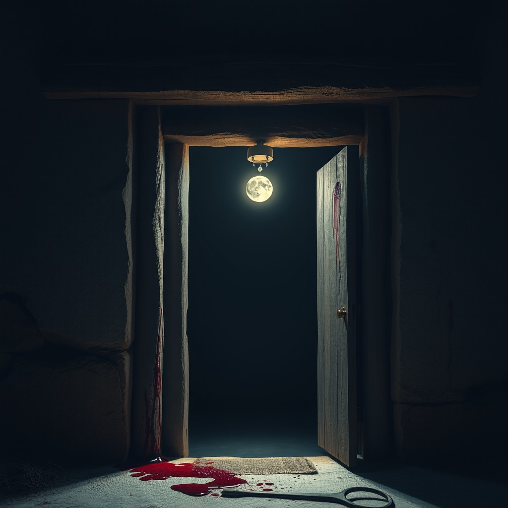 A doorframe of a traditional Hebrew house at night, bathed in moonlight