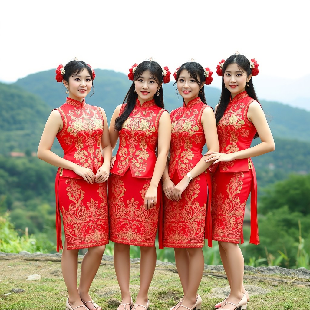 Four South Korean women dressed in traditional Chinese clothing, featuring sleeveless tops and short skirts