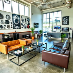 A modern and stylish waiting room at a mechanic shop, featuring sleek, contemporary furniture such as comfortable leather sofas and stylish coffee tables