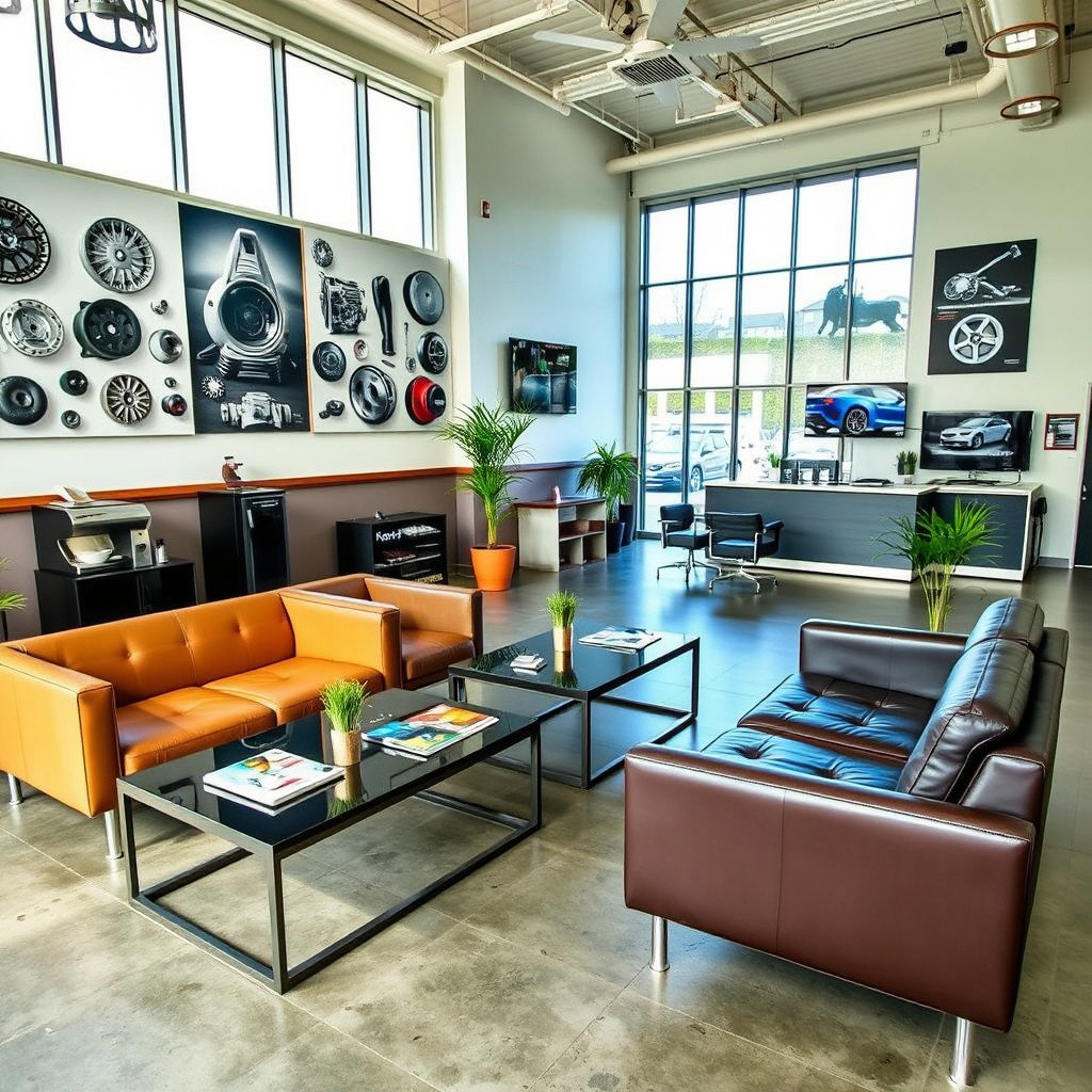 A modern and stylish waiting room at a mechanic shop, featuring sleek, contemporary furniture such as comfortable leather sofas and stylish coffee tables