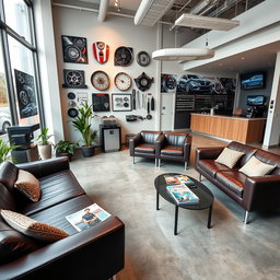 A modern and stylish waiting room at a mechanic shop, featuring sleek, contemporary furniture such as comfortable leather sofas and stylish coffee tables