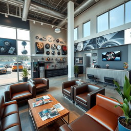 A modern and stylish waiting room at a mechanic shop, featuring sleek, contemporary furniture such as comfortable leather sofas and stylish coffee tables