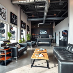 A modern and stylish waiting room at a mechanic shop, featuring sleek, contemporary furniture such as comfortable leather sofas and stylish coffee tables