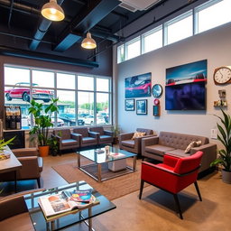A trendy and inviting waiting room for an auto repair shop, showcasing modern design elements