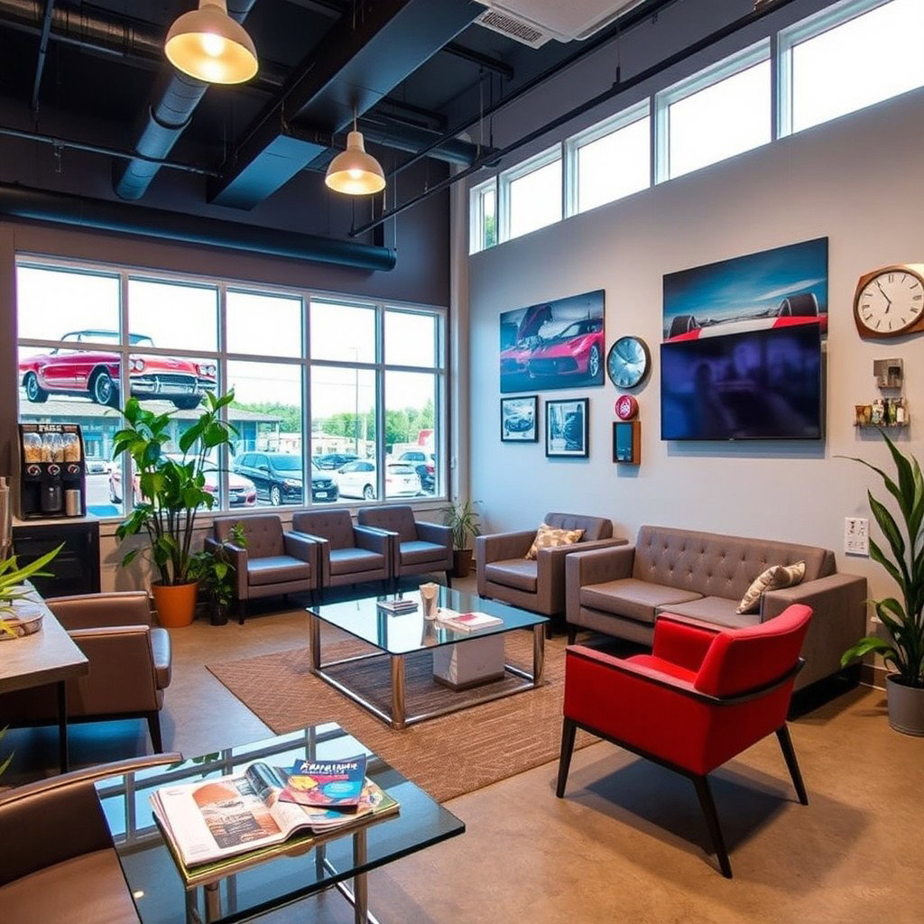 A trendy and inviting waiting room for an auto repair shop, showcasing modern design elements