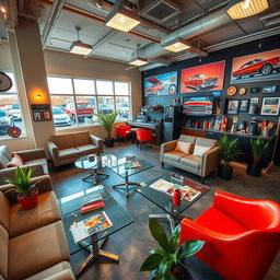 A trendy and inviting waiting room for an auto repair shop, showcasing modern design elements