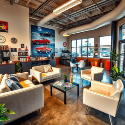 A trendy and inviting waiting room for an auto repair shop, showcasing modern design elements