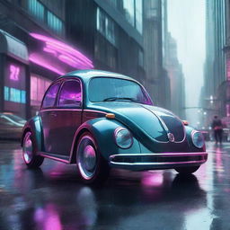 Revolutionary concept of a futuristic Volkswagen Beetle showcased in a glass display within a rainy, dystopian, cyberpunk streetscape.