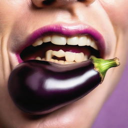 A close-up image of a mouth biting into a large, ripe aubergine. The aubergine is vibrant purple, contrasting with the natural colors of the lips and teeth.