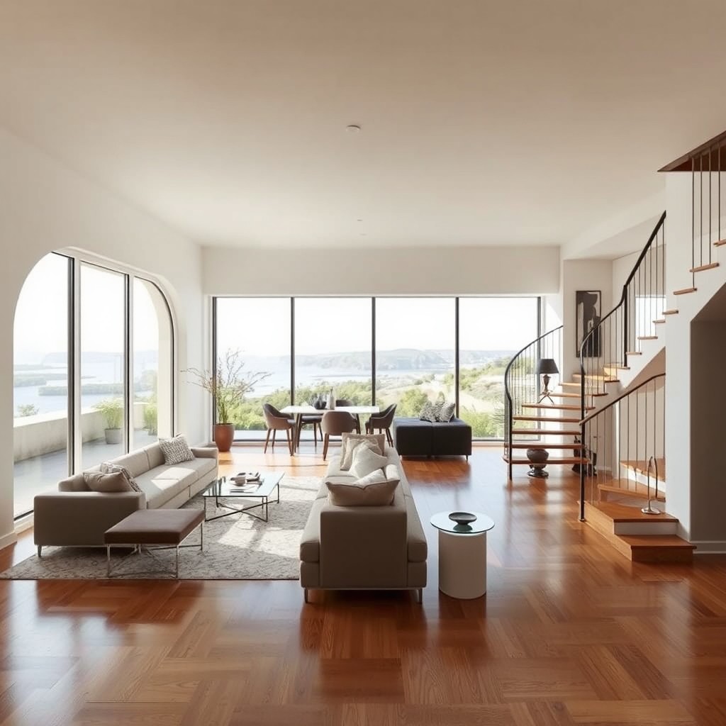 An interior view of an elegantly extended room that features a seamless transition through an archway window
