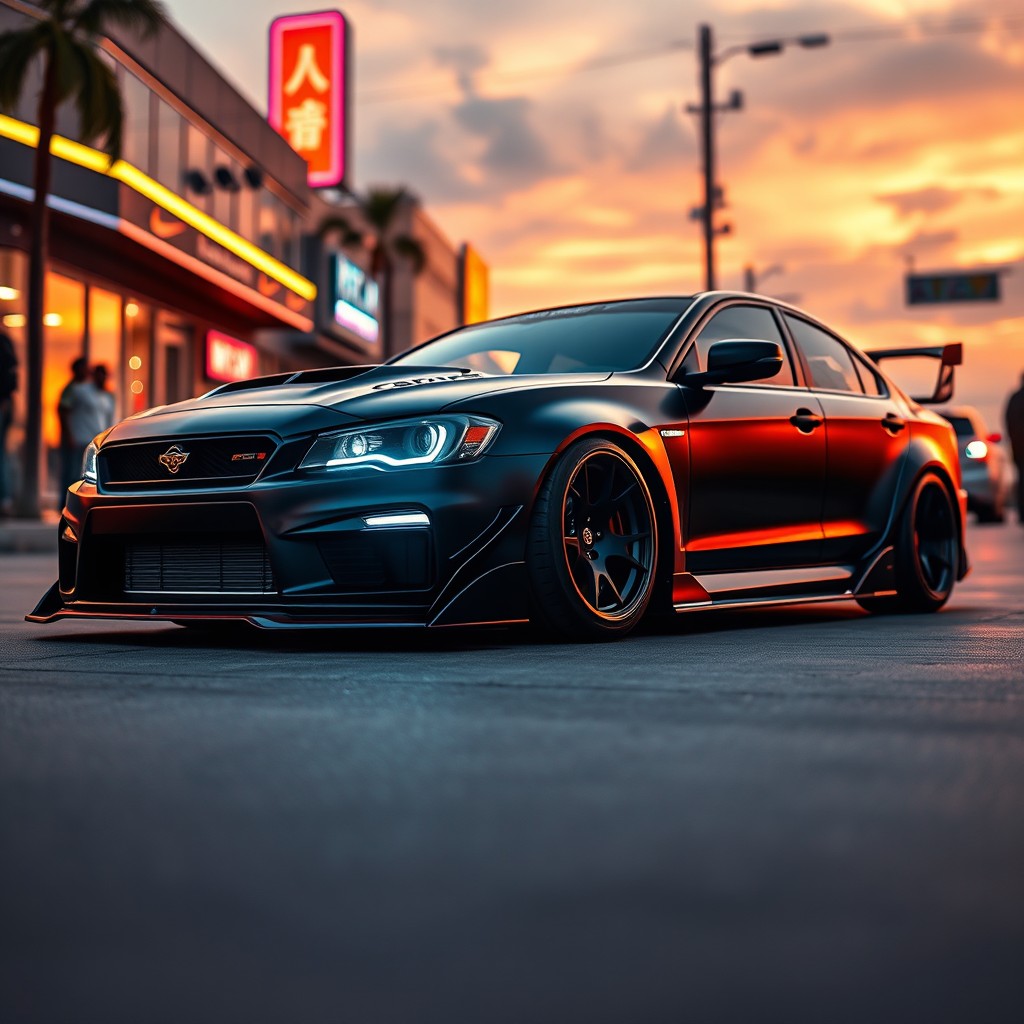 A sleek and modern car modification scene, featuring a customized car with an aggressive body kit, lowered suspension, and eye-catching matte black paint