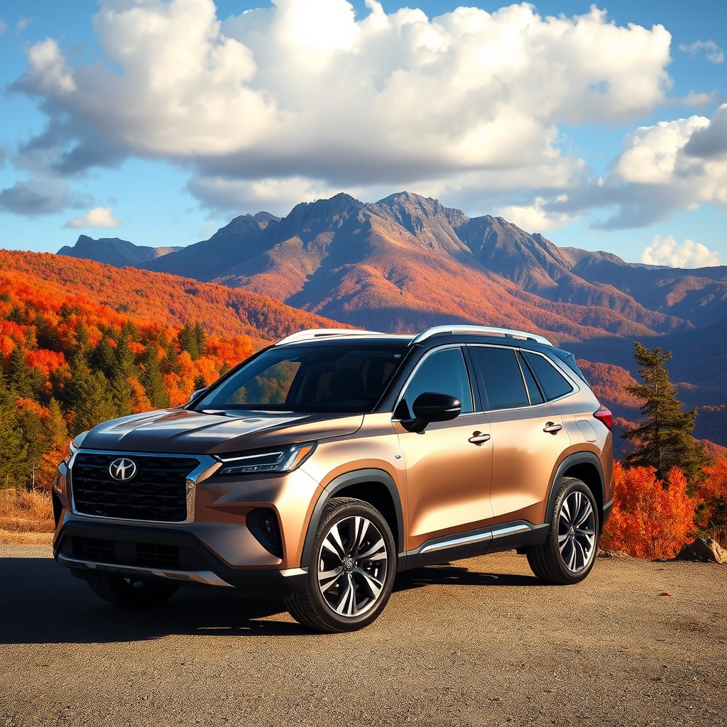 A sleek and modern SUV parked on a scenic overlook with a breathtaking mountain view in the background, vibrant autumn foliage filling the trees in warm shades of orange and red