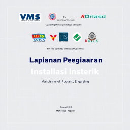 A cover page design for a report on the installation of electrical systems by VMS in collaboration with ITS and KOICA for the Ministry of Public Works