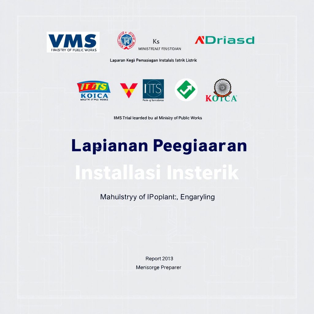 A cover page design for a report on the installation of electrical systems by VMS in collaboration with ITS and KOICA for the Ministry of Public Works
