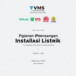 A cover page design for a report on the installation of electrical systems by VMS in collaboration with ITS and KOICA for the Ministry of Public Works