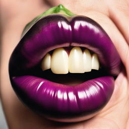 A close-up image of a mouth biting into a large, ripe aubergine. The aubergine is vibrant purple, contrasting with the natural colors of the lips and teeth.