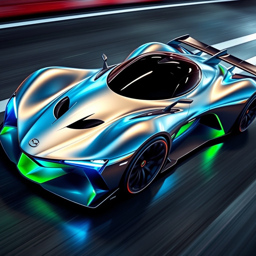 A futuristic racing car inspired by the Mazda Furai, featuring a sleek aerodynamic design with exaggerated curves and sharp angles