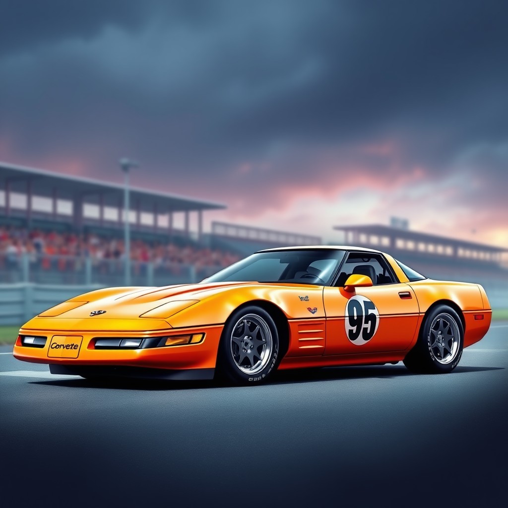An artistic rendering of a striking orange Chevrolet Corvette C5, featuring the iconic number 95 painted prominently on the side of the vehicle