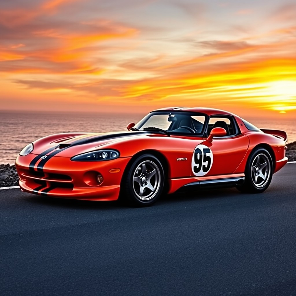 A stunning 1st generation Dodge Viper, featuring an eye-catching orange body with sleek black racing stripes