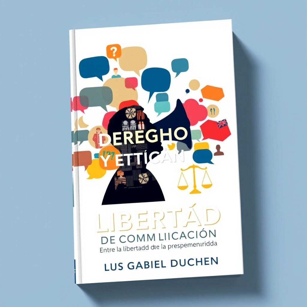 A visually striking book cover for the title 'LEGISLACIÓN, DERECHO Y ÉTICA EN LA COMUNICACIÓN: Entre la Libertad de Expresión y la Responsabilidad Jurídica' by Luis Gabriel Duchen