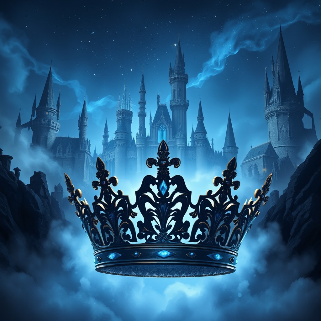 A mysterious kingdom with an ornate crown displayed prominently in the foreground
