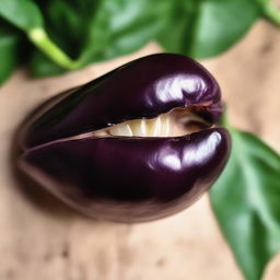 A close-up image of a mouth biting into a large, ripe aubergine. The aubergine is vibrant purple, contrasting with the natural colors of the lips and teeth.