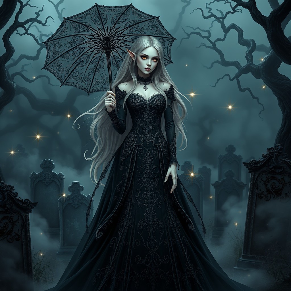 A half-elf corpse bride with delicate features and long flowing hair, wearing an intricately designed gothic wedding gown